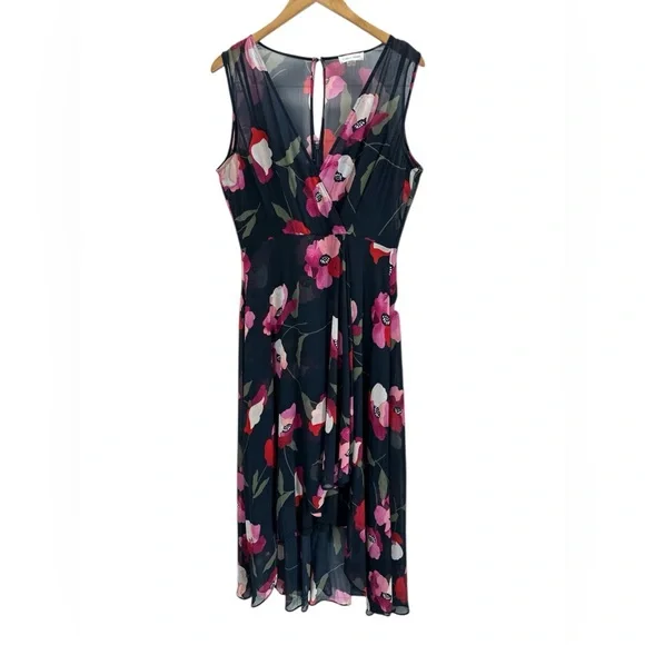 Calvin Klein Floral Sleeveless Chiffon High-Low Dress Navy Pink Red Elegant 12 - Picture 2 of 12